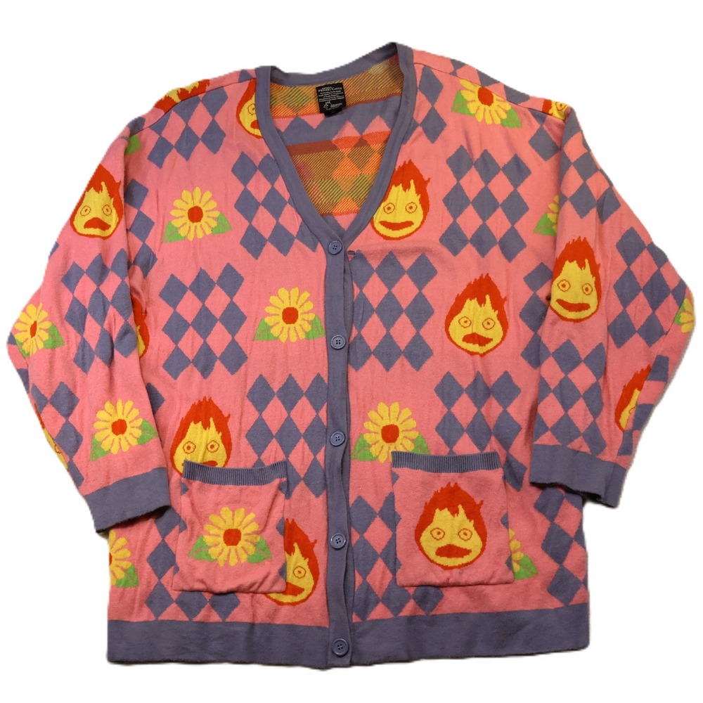 Her Universe Women 3X Cardigan Pink Howls Moving Castle Calcifer Argyle Sweater